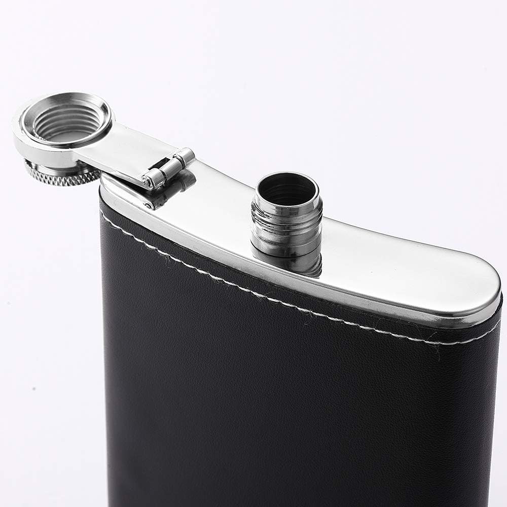 Black Leather 8oz Hip Flask With Funnel