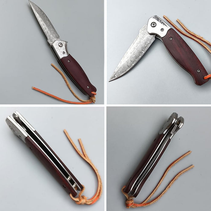 Engraved VG10 Damascus Folding Knife | Personalized Pocket Knife | Rose Wood Handle Knife | Wedding Husband Anniversary Father Gift | NR46