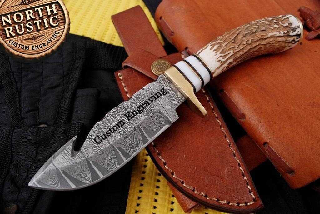 Deer Antler Handle 8.5" Damascus Hunting Knife