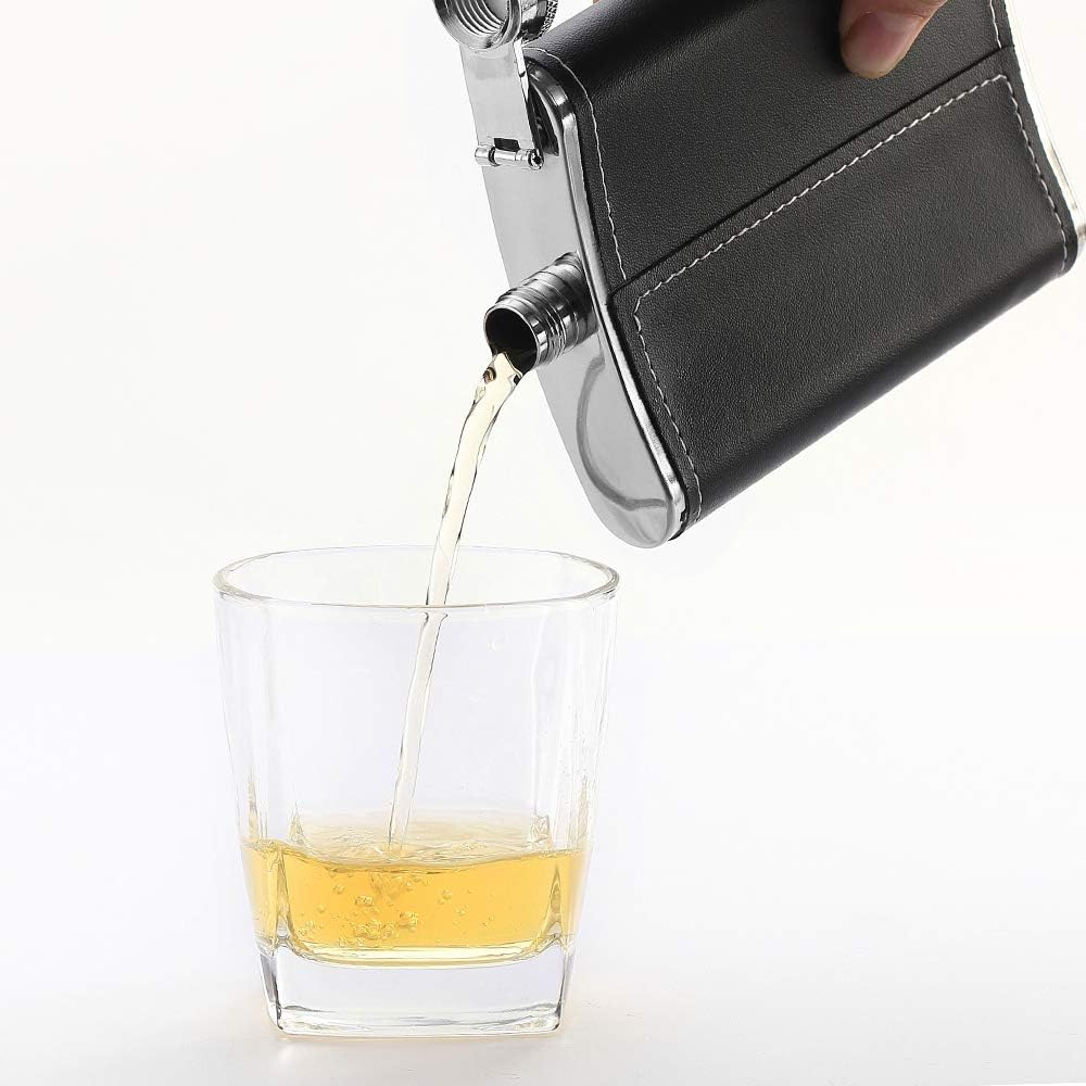 Black Leather 8oz Hip Flask With Funnel