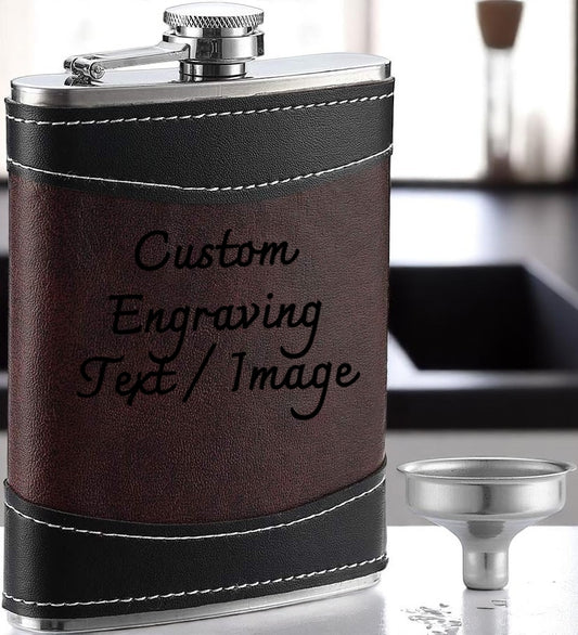 Black & Brown Leather 8oz Hip Flask With Funnel