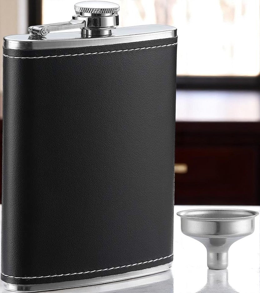 Black Leather 8oz Hip Flask With Funnel