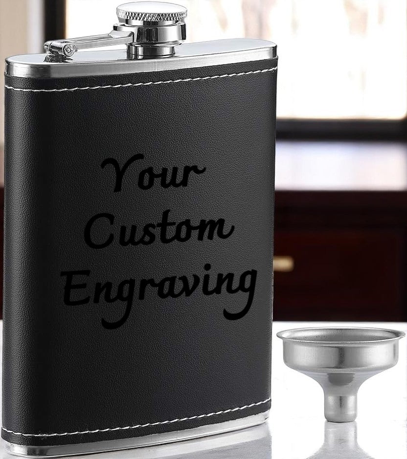 Black Leather 8oz Hip Flask With Funnel