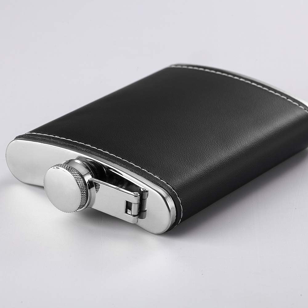 Black Leather 8oz Hip Flask With Funnel