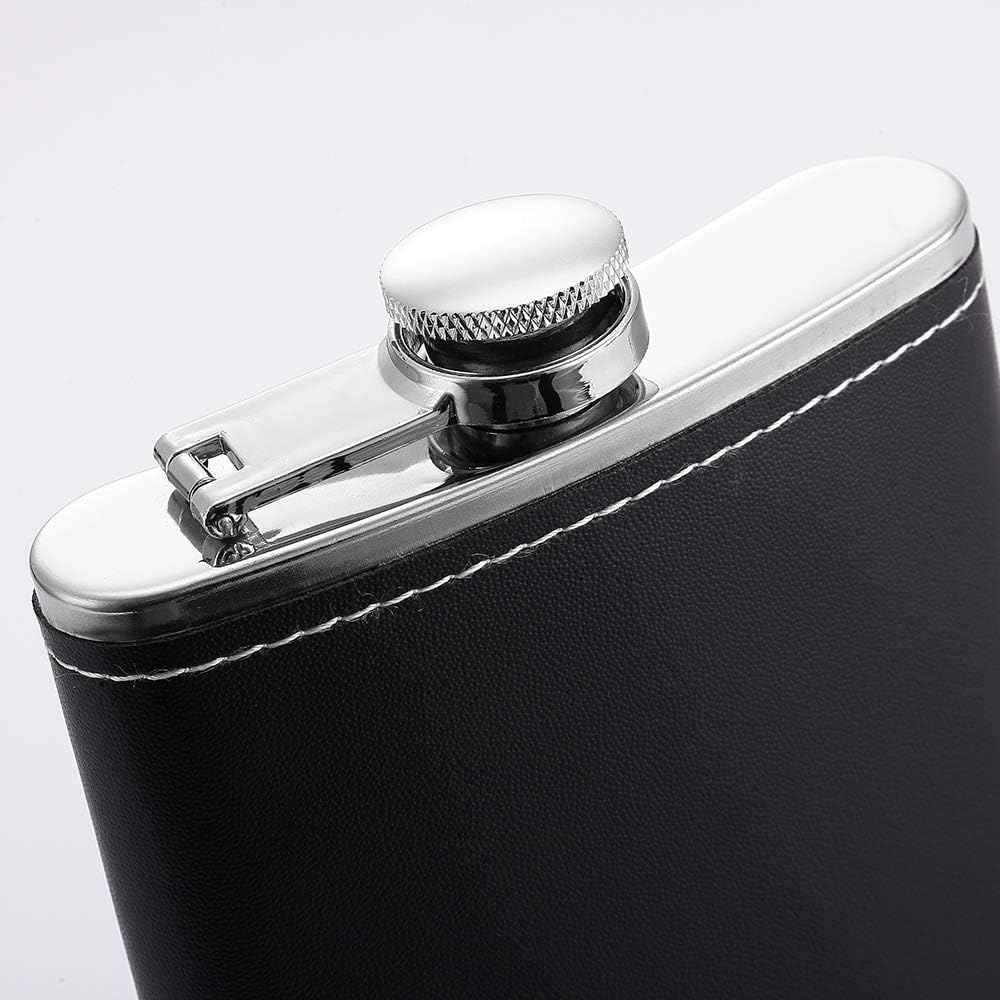 Black Leather 8oz Hip Flask With Funnel