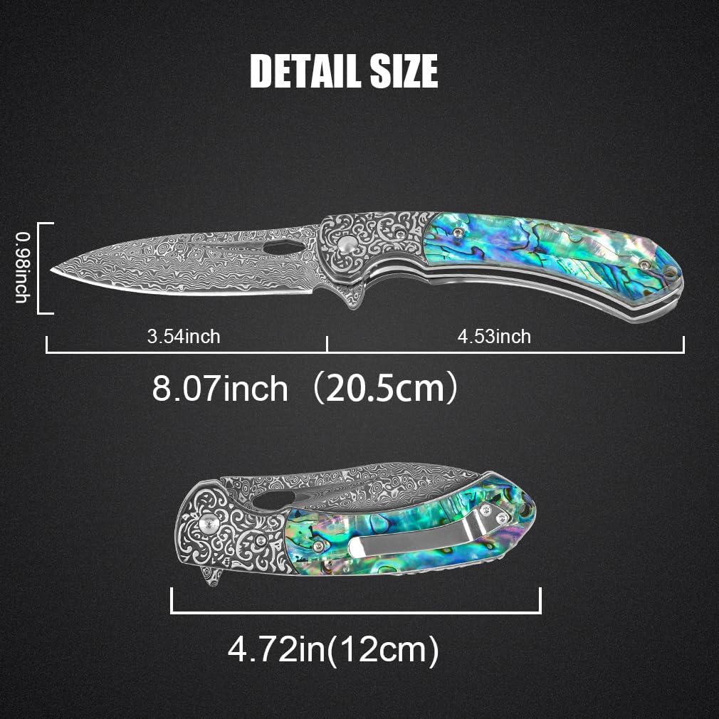 Abalone 3.54" Damascus Blade Folding Knife