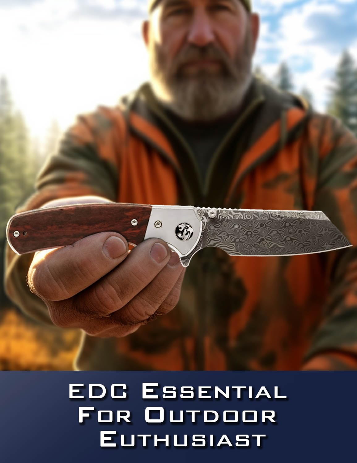 Rose Wood Damascus Tanto Pocket Knife