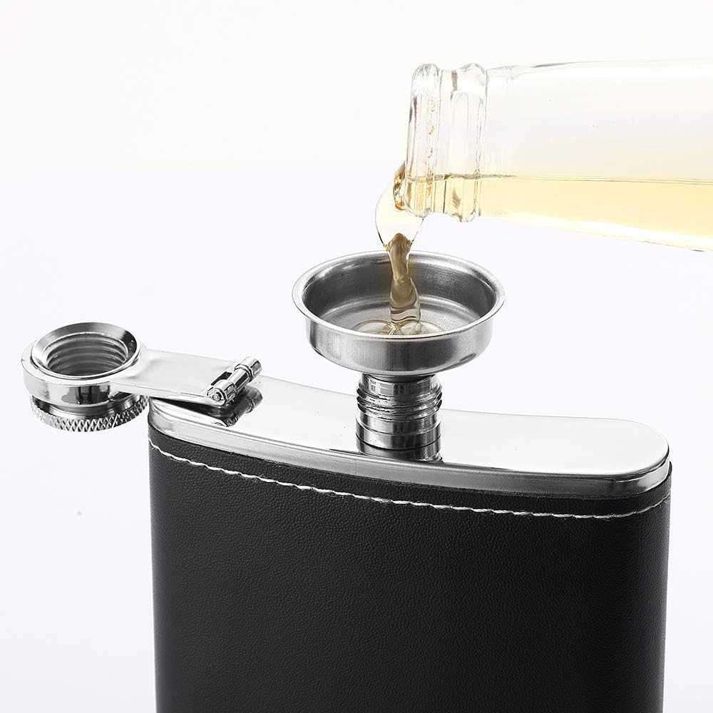 Black Leather 8oz Hip Flask With Funnel