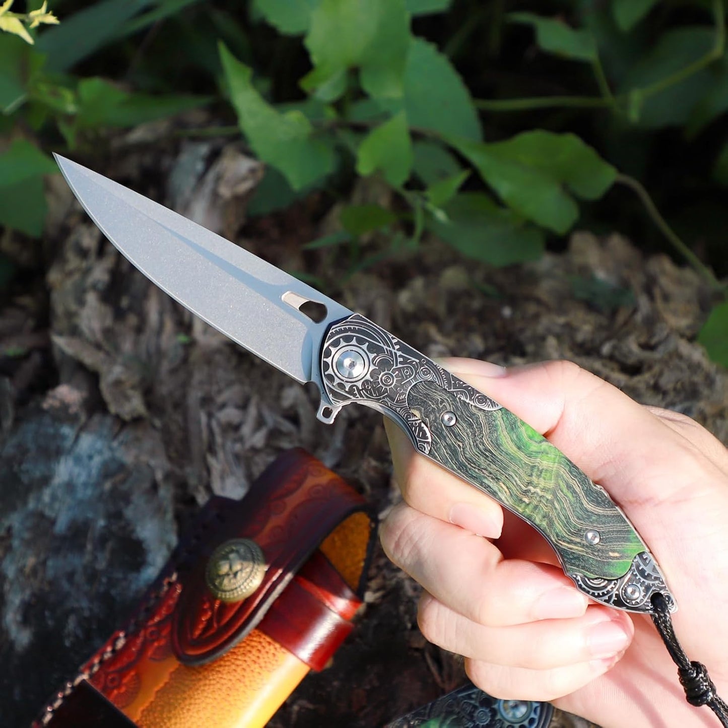 M390 Steel Pocket Knife Green Stable Wood Handle