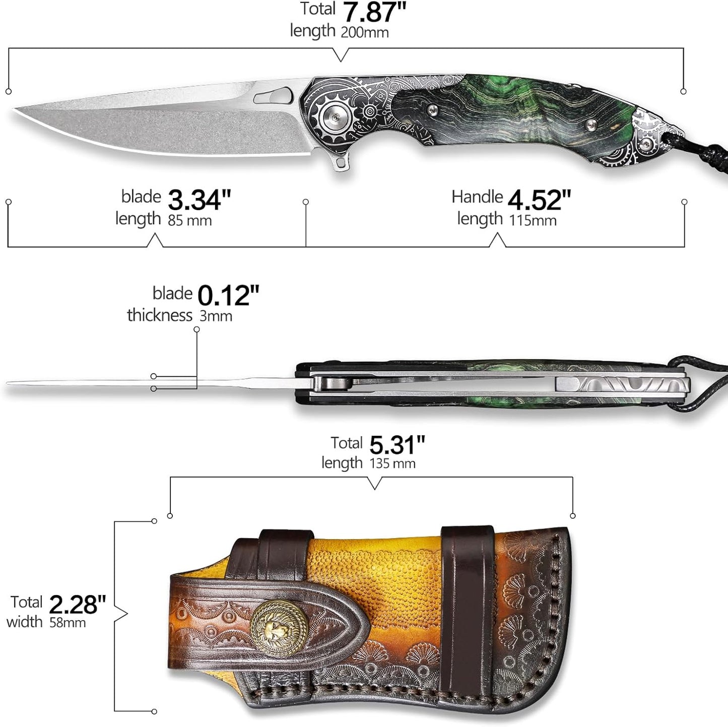 M390 Steel Pocket Knife Green Stable Wood Handle