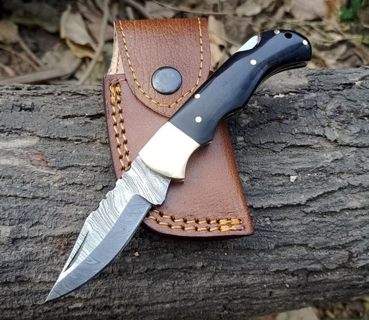 Bull Horn Handle 6.5" Damascus Pocket Knife