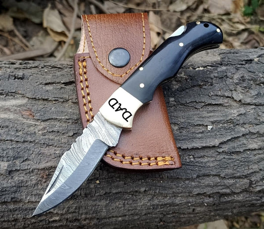 Bull Horn Handle 6.5" Damascus Pocket Knife