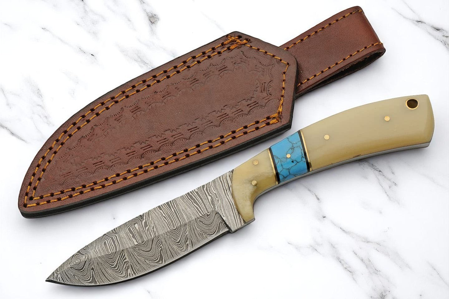 Bone With Turquoise Handle 8" Damascus Hunting Knife