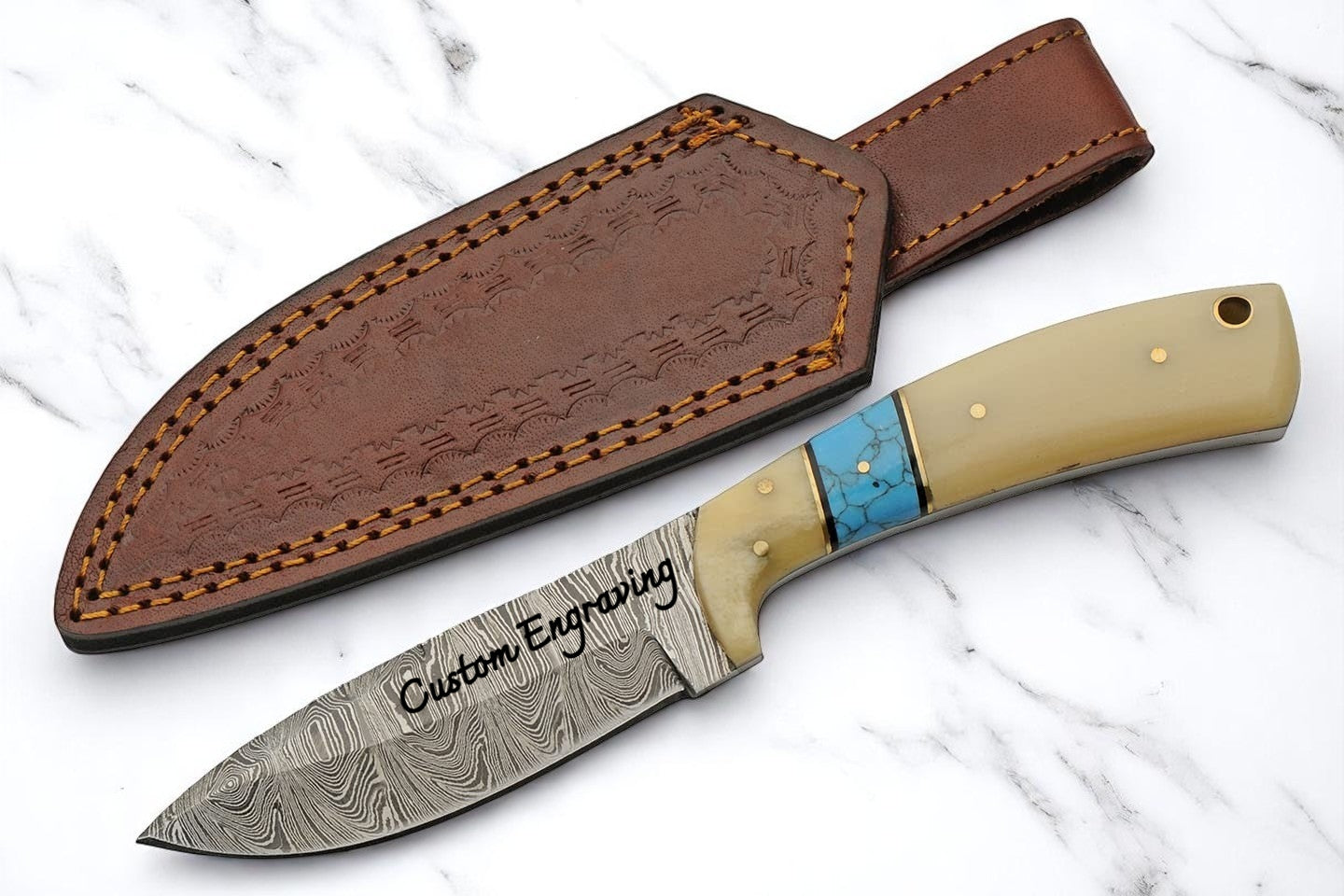 Bone With Turquoise Handle 8" Damascus Hunting Knife