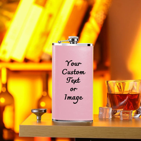 Pink Leather 10oz Hip Flask With Funnel