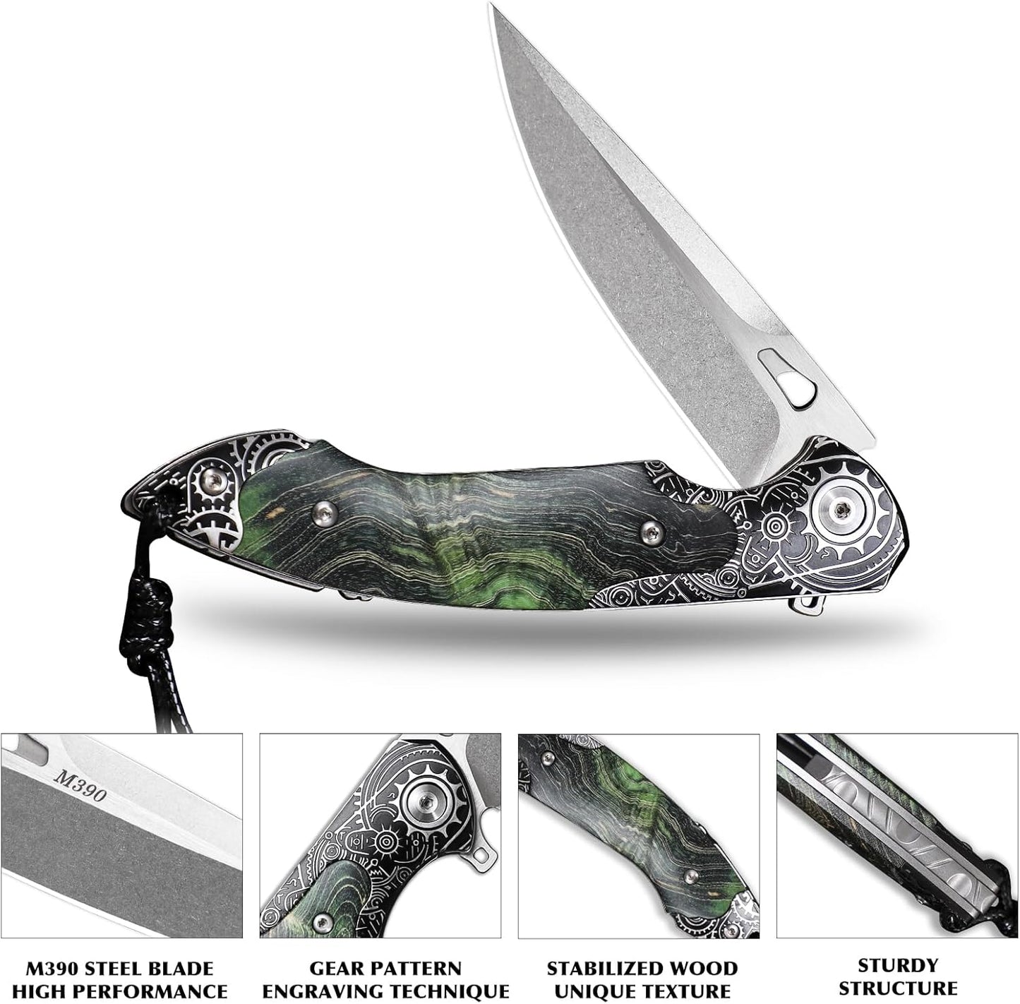 M390 Steel Pocket Knife Green Stable Wood Handle