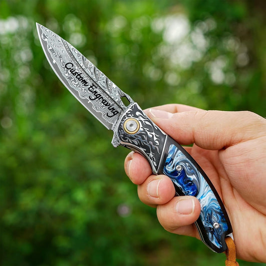 Resin Blue Inlay Damascus Pocket Knife
