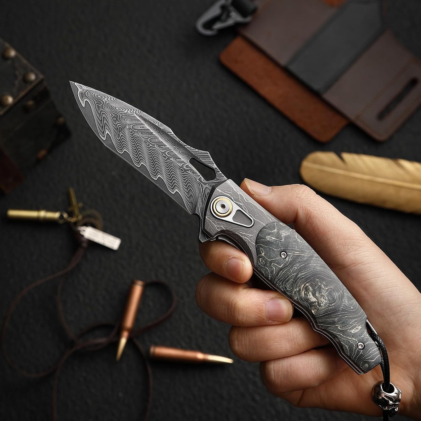 VG10 Damascus Pocket Knife Storm Motif Stabilized Wood Handle