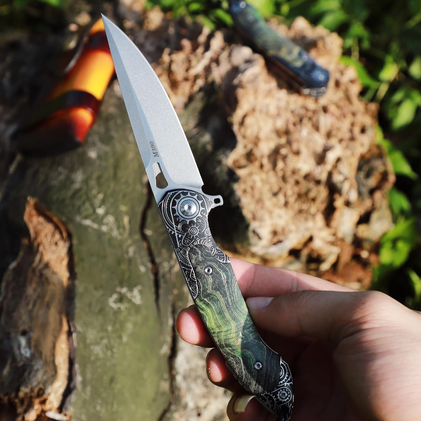 M390 Steel Pocket Knife Green Stable Wood Handle