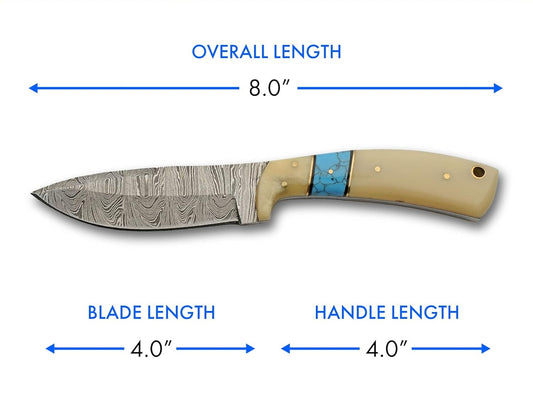 Bone With Turquoise Handle 8" Damascus Hunting Knife
