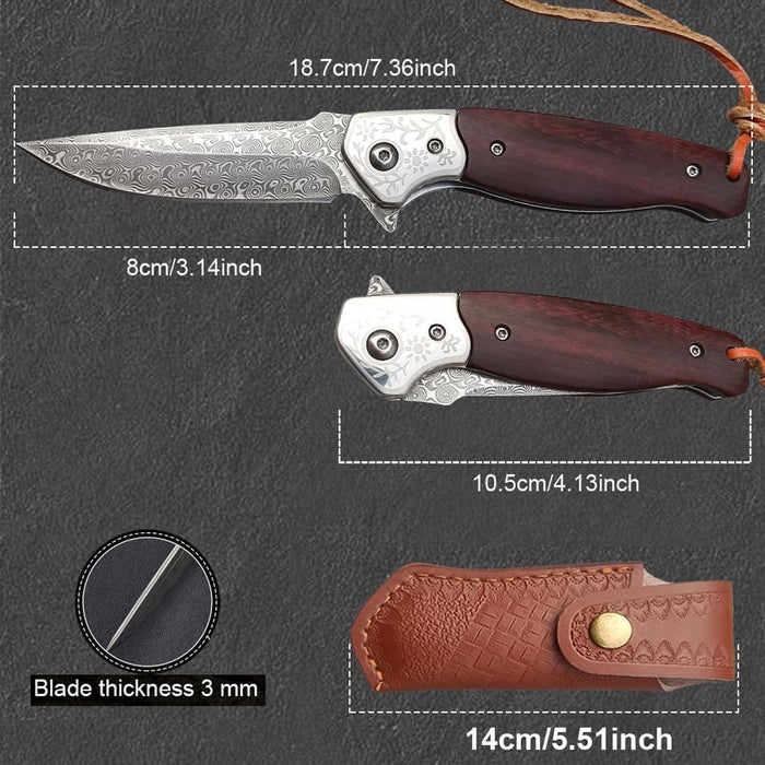 Engraved VG10 Damascus Folding Knife | Personalized Pocket Knife | Rose Wood Handle Knife | Wedding Husband Anniversary Father Gift | NR46