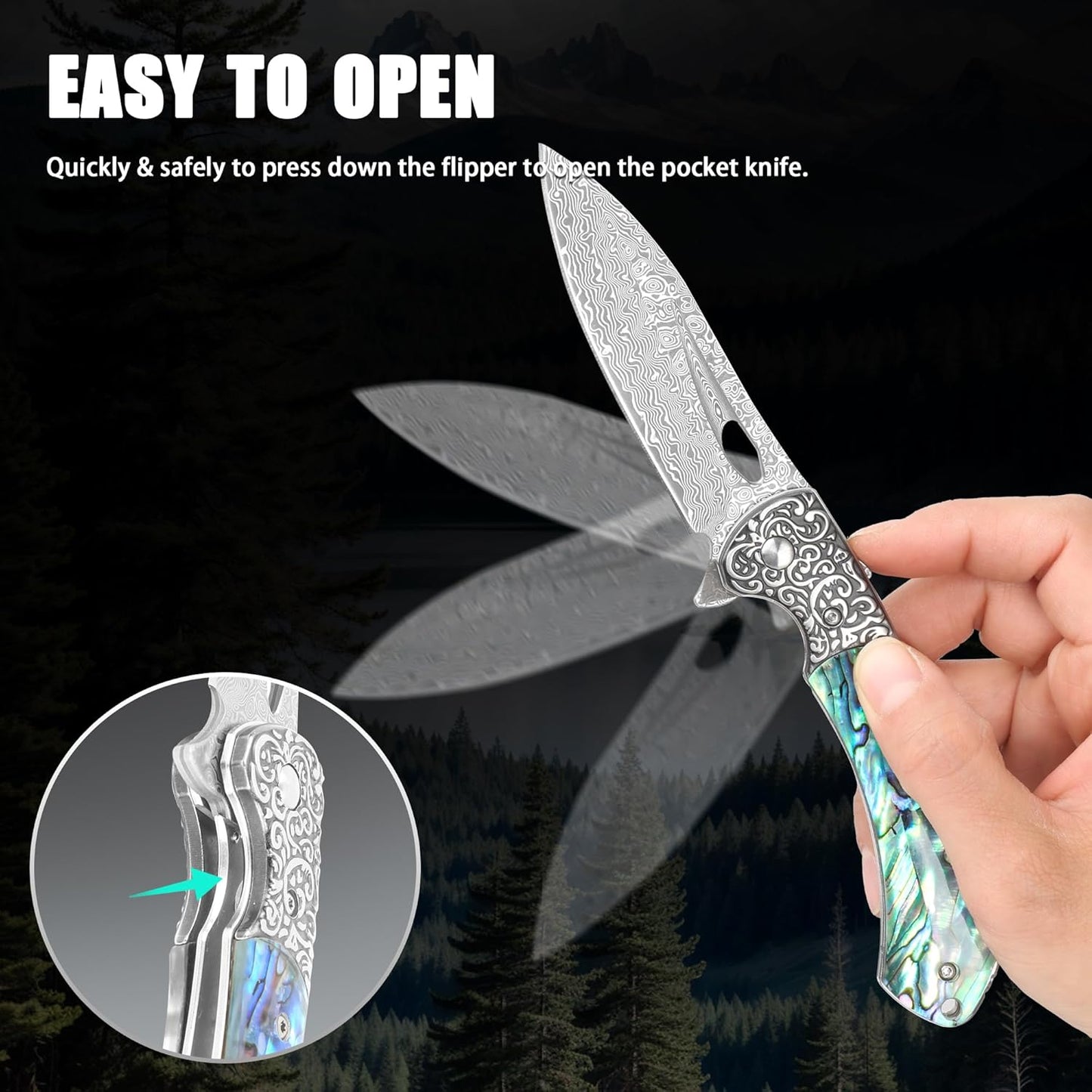 Abalone 3.54" Damascus Blade Folding Knife