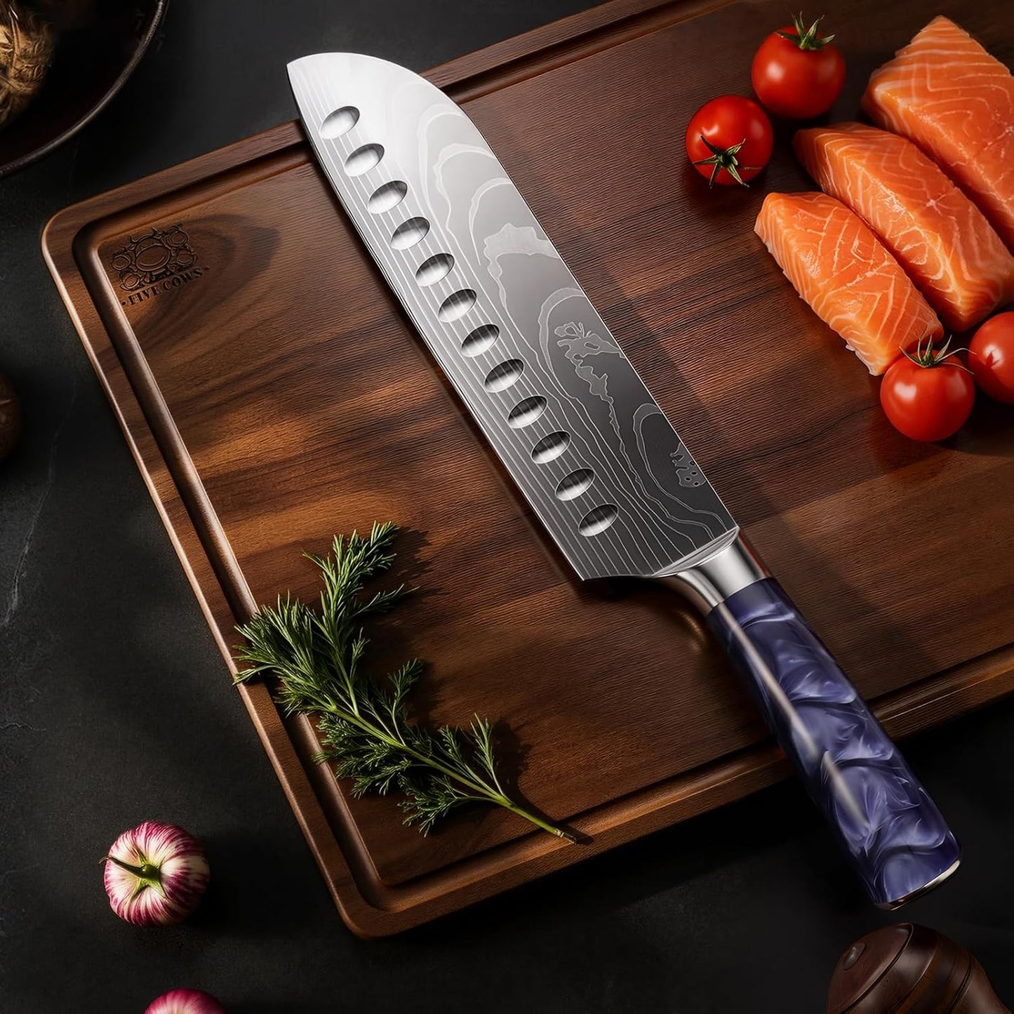 7 Inch Santoku Chef Knife with Purple Resin Handle