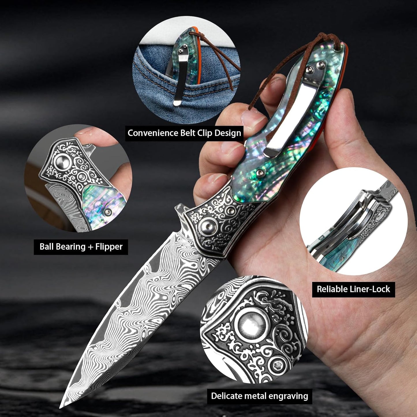 Abalone Damascus 8.27" Pocket Knife
