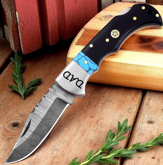 Bull Horn 7" Damascus Pocket Knife With Turquoise