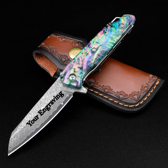 Engraved Damascus Pocket Knife - EDC Folding Knife with Exquisite Abalone Handle - Unique Gift for Him - Husband Boyfriend Dad Gifts NR36