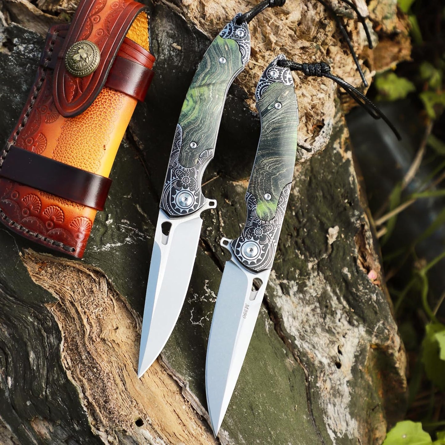 M390 Steel Pocket Knife Green Stable Wood Handle