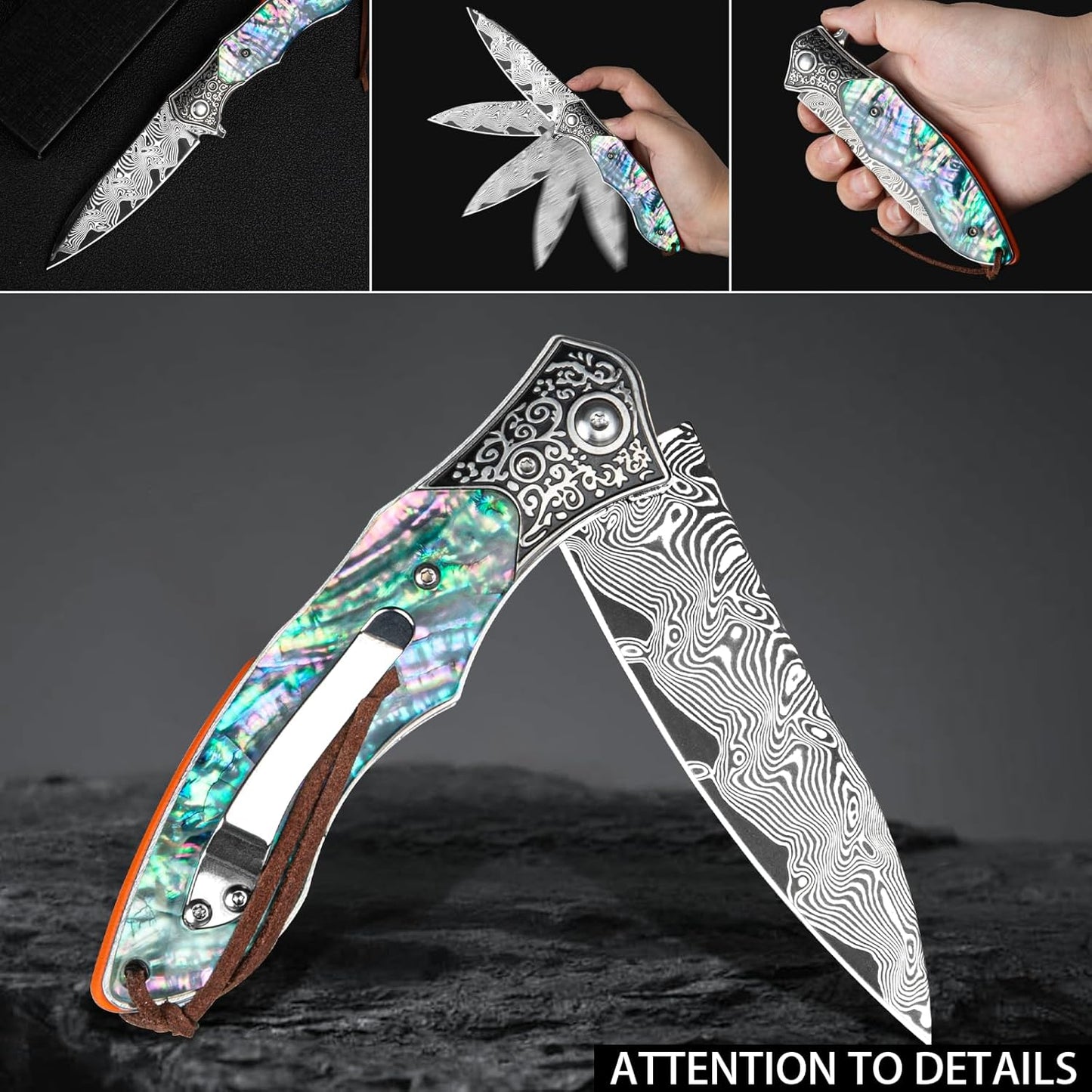 Abalone Damascus 8.27" Pocket Knife