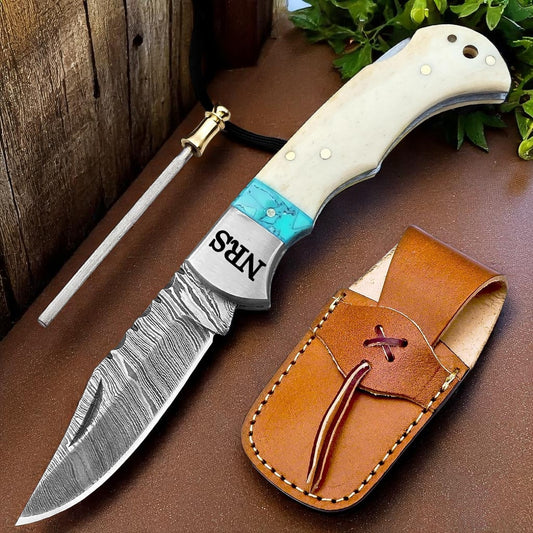 Bone With Turquoise Handle 6.5" Damascus Pocket Knife
