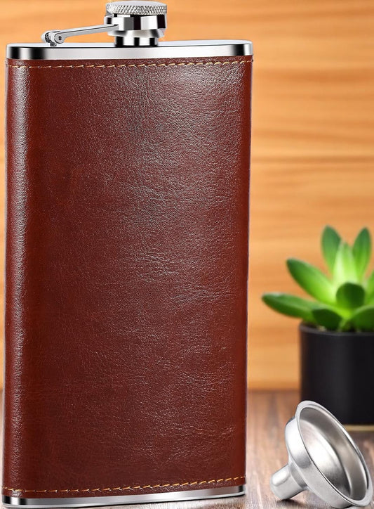 Brown Leather 10oz Hip Flask With Funnel