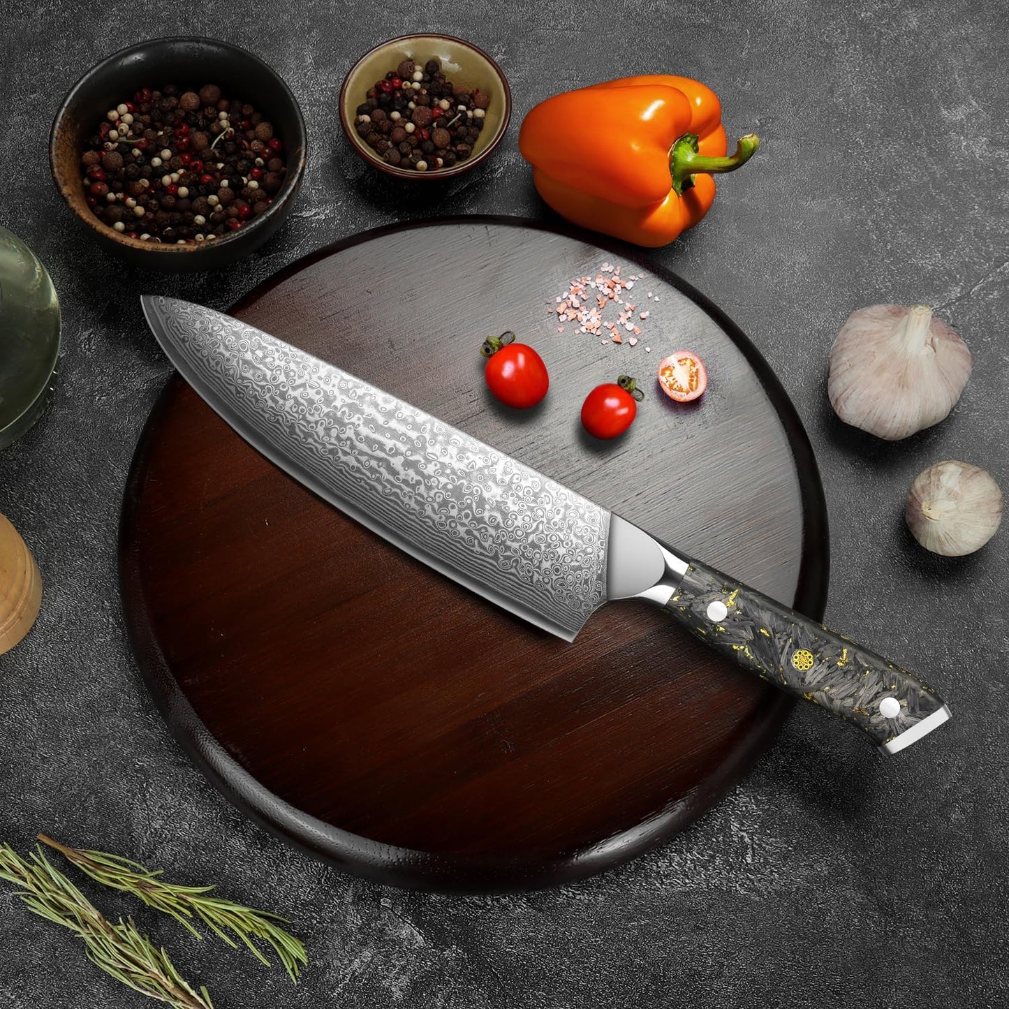 Engraved 8" Damascus Chef Knife Kitchen Gold Flake Resin Handle