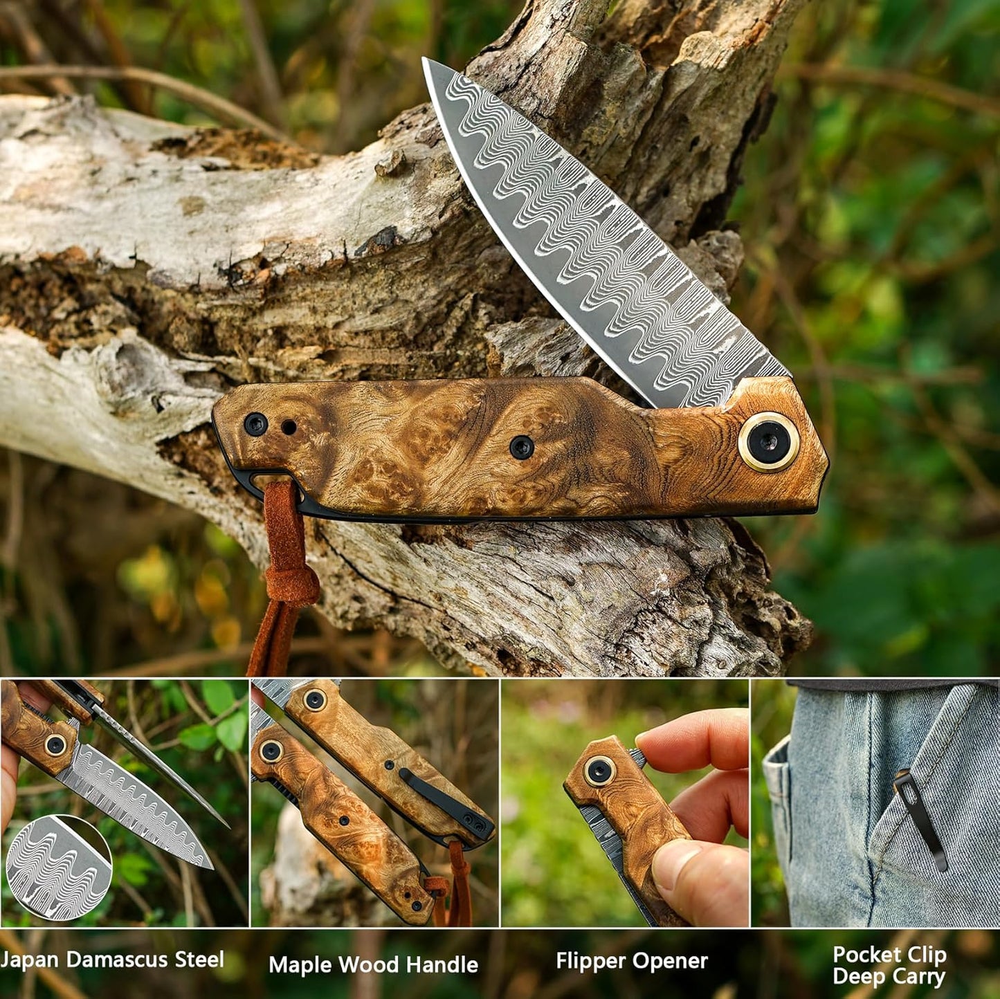 Maple Wood Handle 7" Pocket Folding Knife