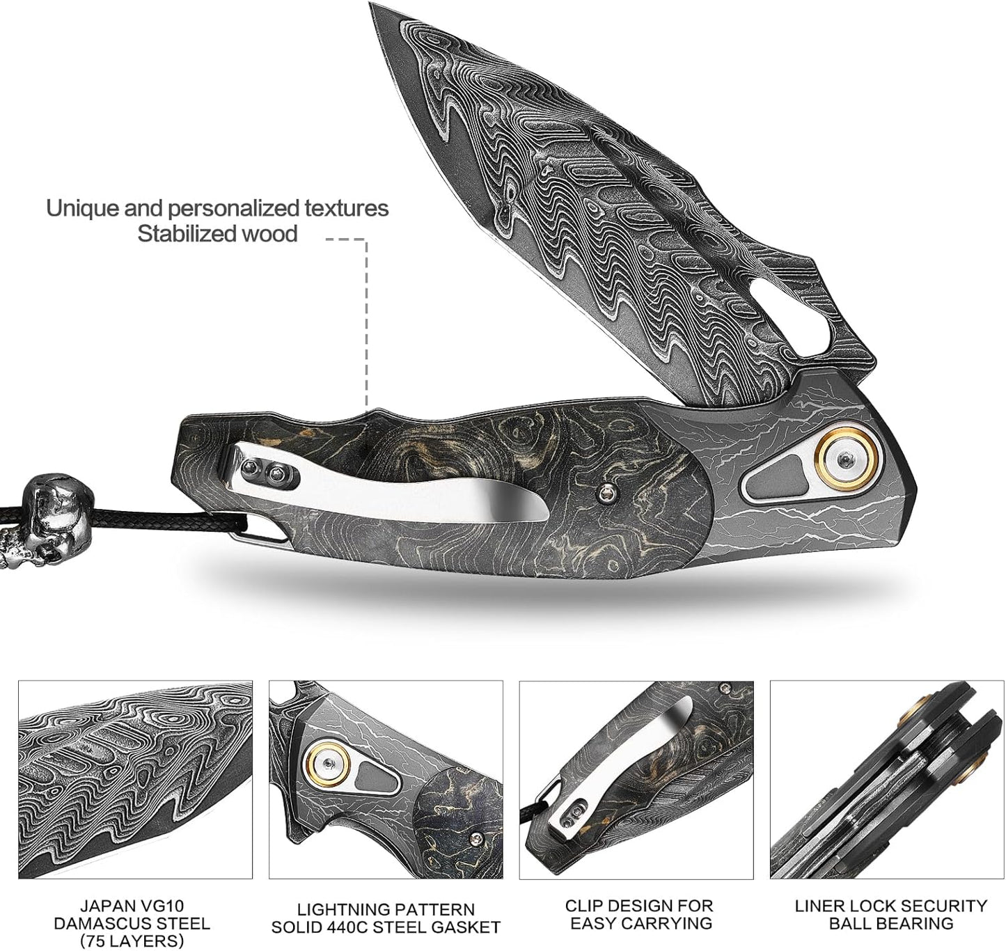 VG10 Damascus Pocket Knife Storm Motif Stabilized Wood Handle