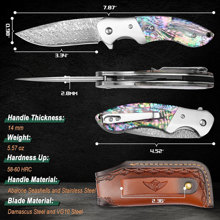 Engraved Damascus Pocket Knife - EDC Folding Knife with Exquisite Abalone Handle - Unique Gift for Him - Husband Boyfriend Dad Gifts NR37