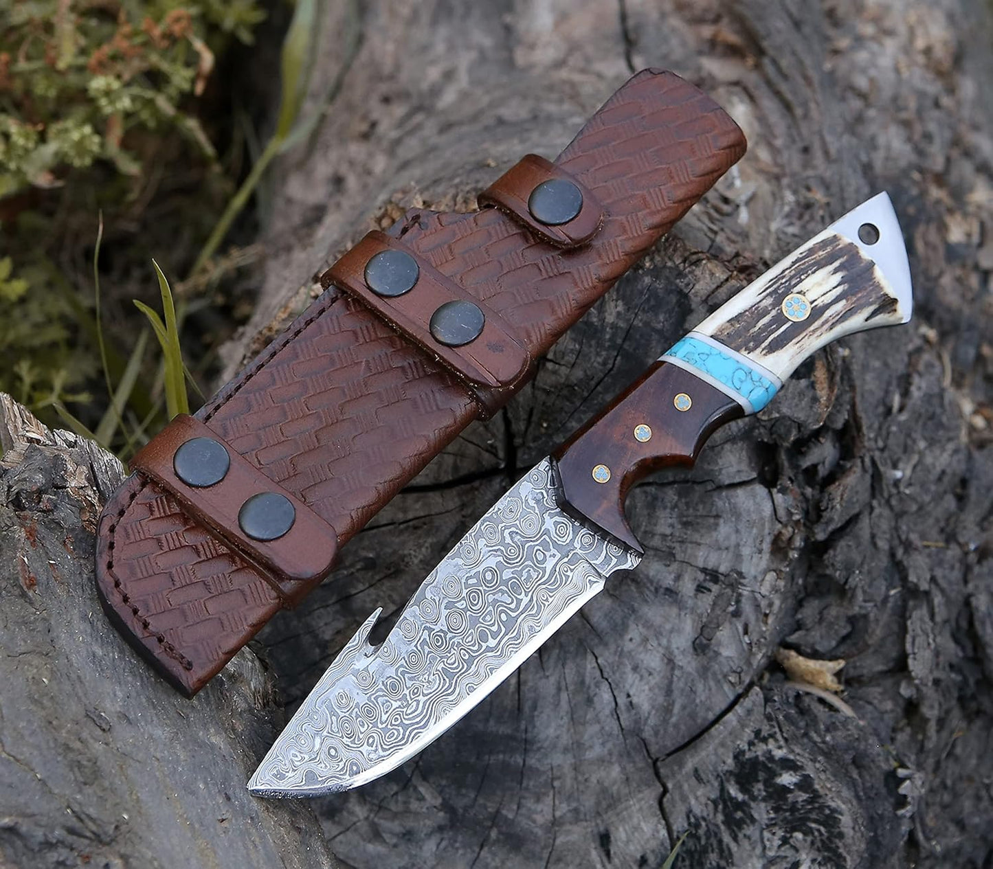 Deer Antler & Rosewood Handle Damascus 9.5" Hunting Knife Blue Turquoise