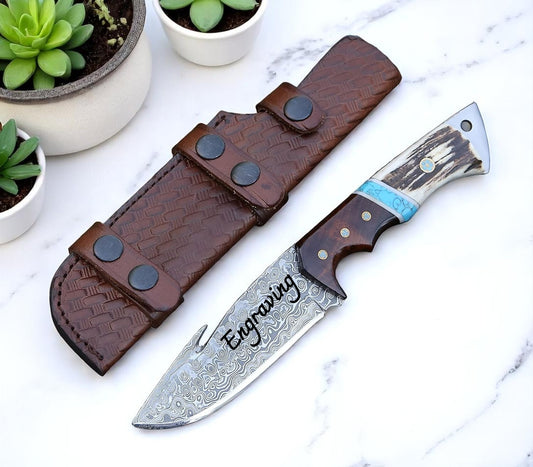 Deer Antler & Rosewood Handle Damascus 9.5" Hunting Knife Blue Turquoise