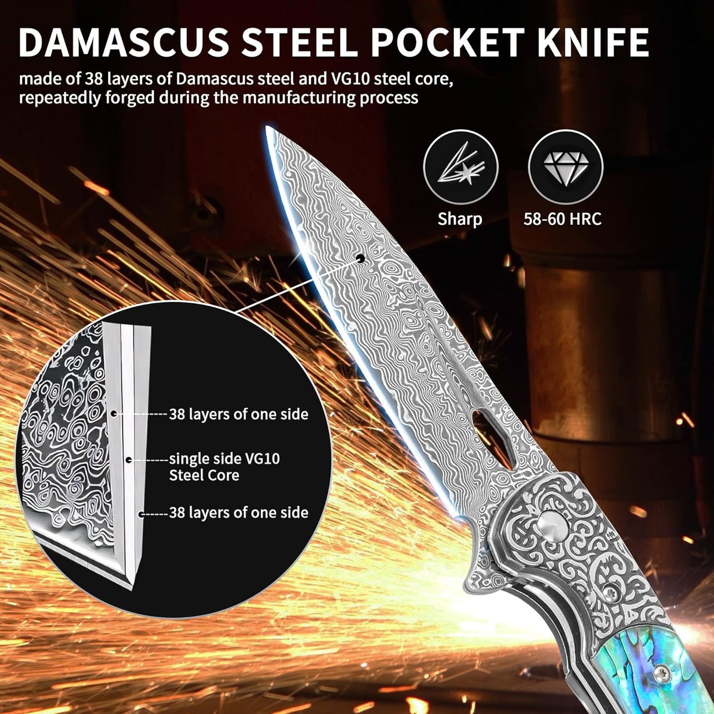 Abalone 3.54" Damascus Blade Folding Knife