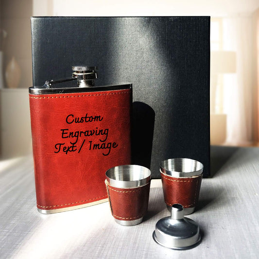 Brown Leather 7oz Hip Flask With Funnel & 2 Cups