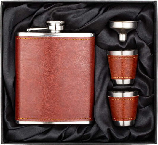 Brown Leather 7oz Hip Flask With Funnel & 2 Cups