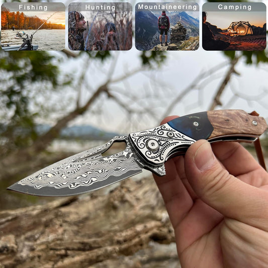 Damascus 6.5" Folding Knife Resin & Maple Wood Handle