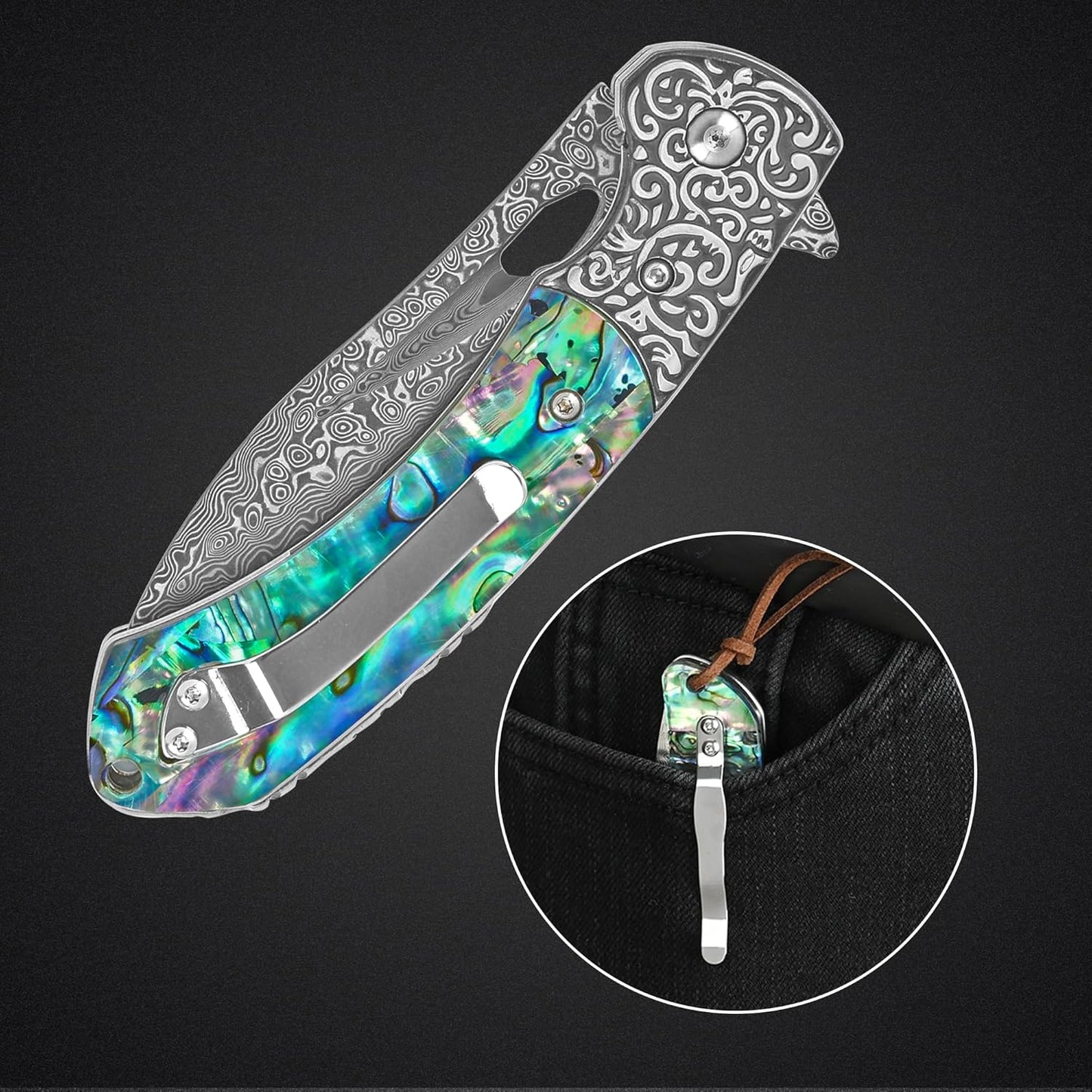 Abalone 3.54" Damascus Blade Folding Knife