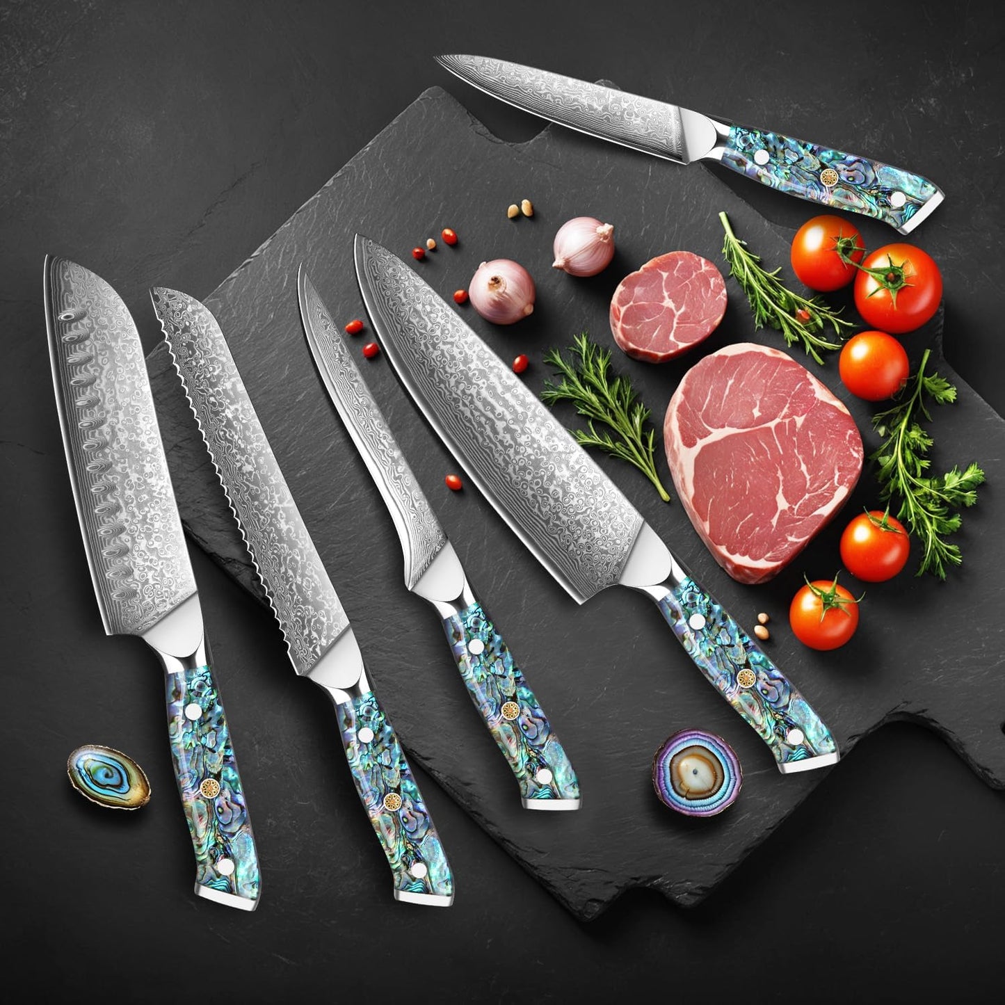 Engraved Damascus Knife Set Chef Kitchen Culinary Personalized Abalone Handle Knives