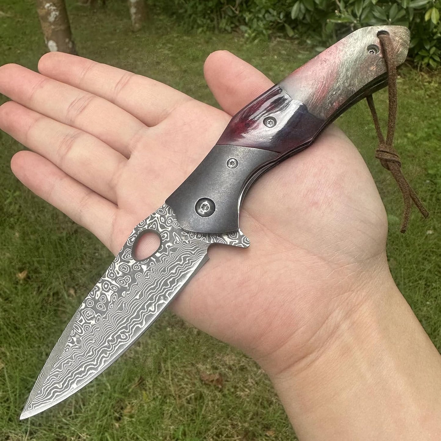 Walnut Wood & Resin Handle Engraved Damascus Pocket Knife