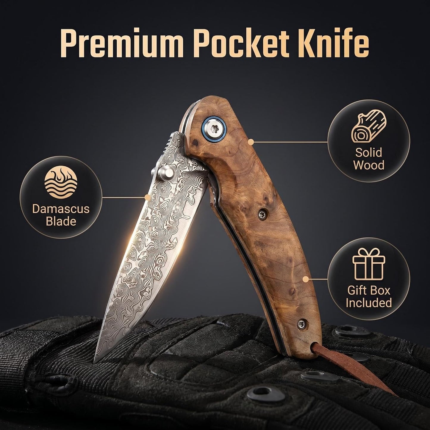 Personalized Damascus Pocket Knife – Burl Wood Handle
