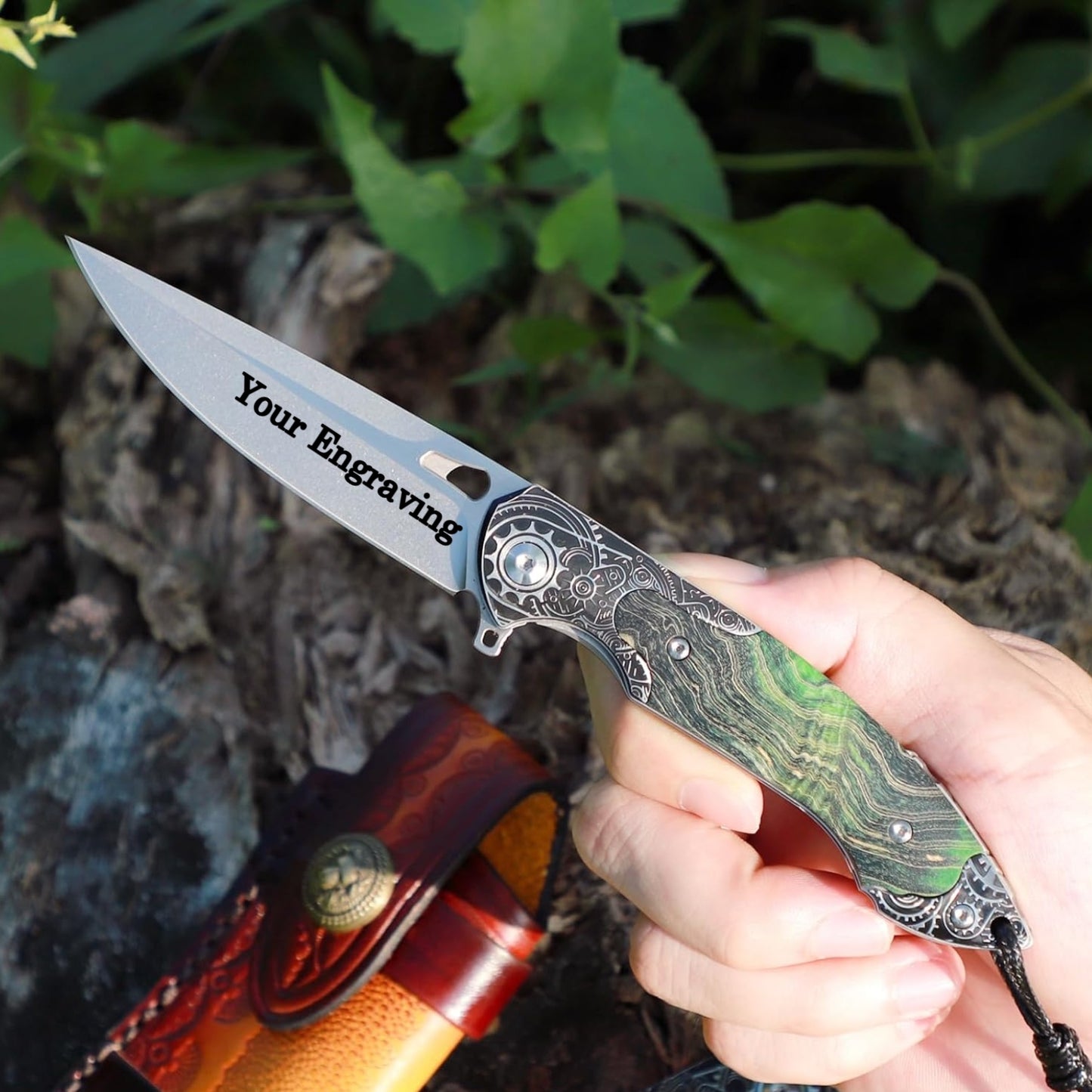 M390 Steel Pocket Knife Green Stable Wood Handle