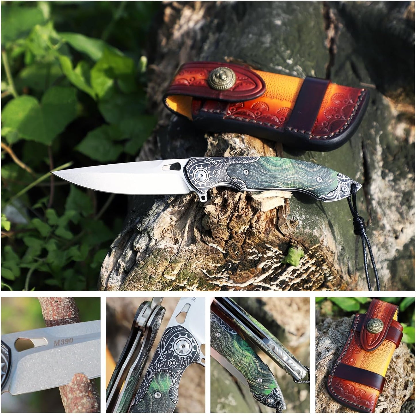 M390 Steel Pocket Knife Green Stable Wood Handle
